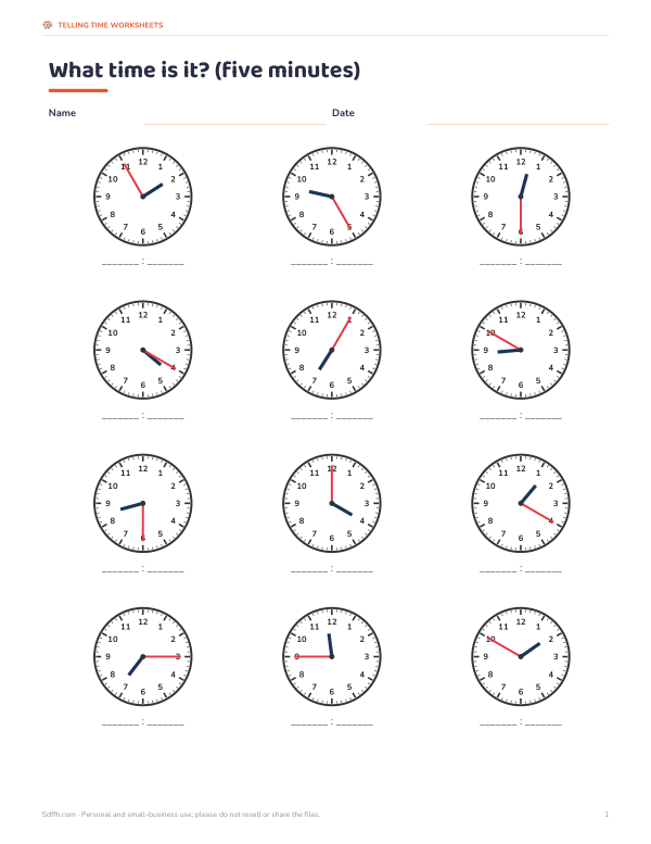 Preview of Read the Clock Five Minutes Worksheet