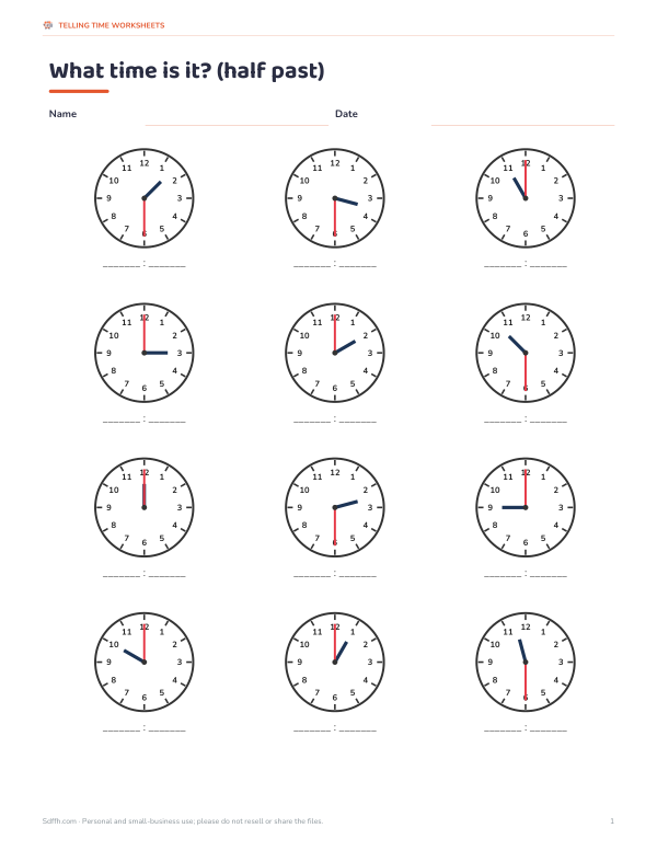 Preview of Printable Half Past Time Worksheet