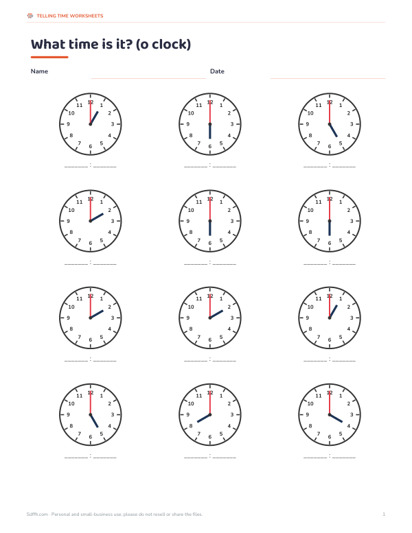 Preview of Printable O'Clock Time Worksheets
